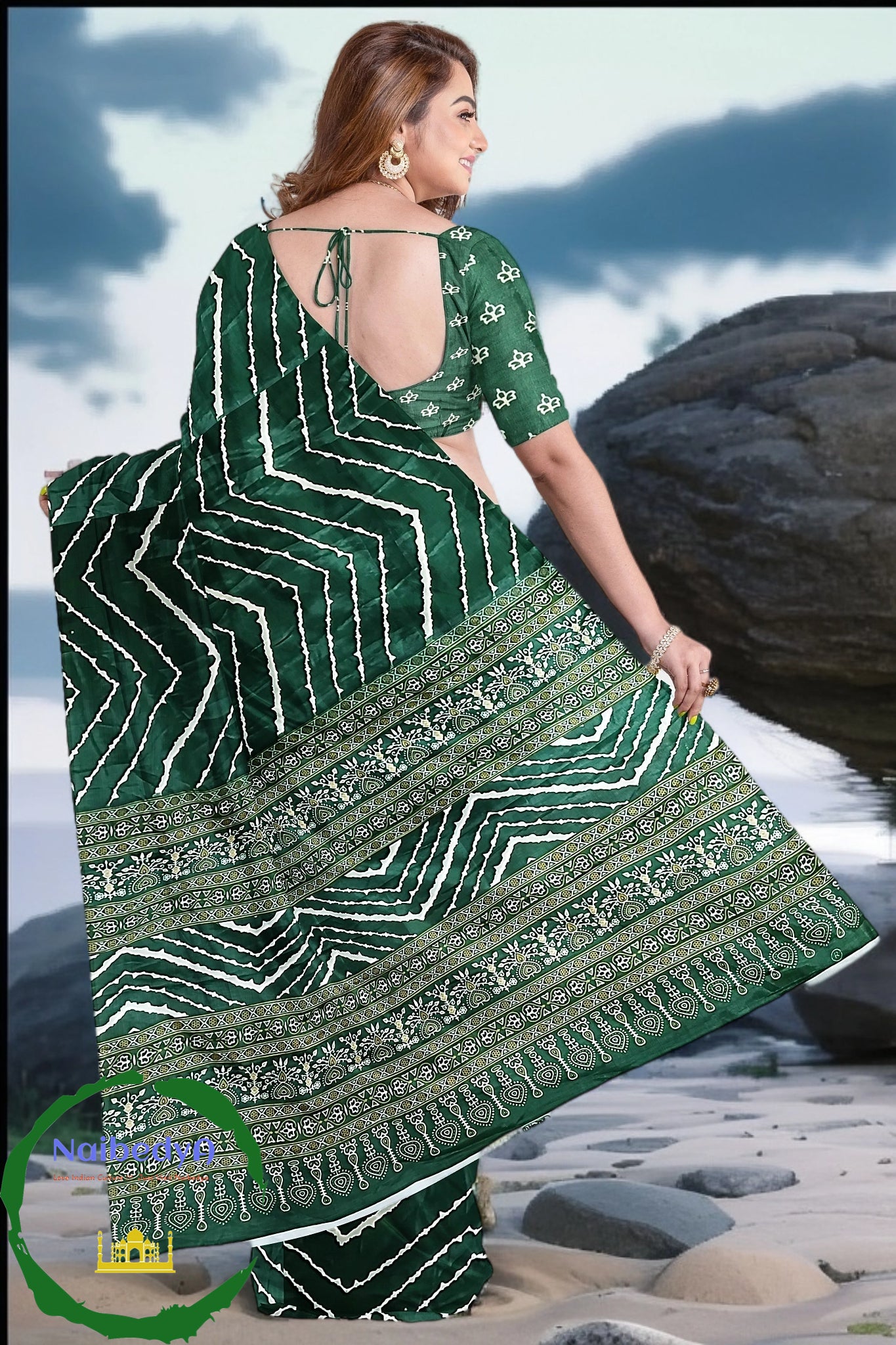 Deep Green Sari With Hand Crafted Bandhani Effect