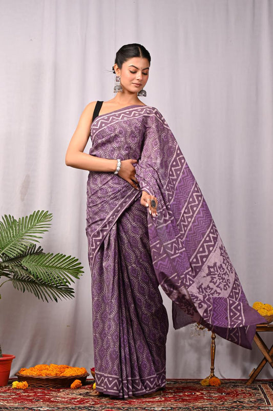 Hand Block Printing Saree In Mulmul Fabric
