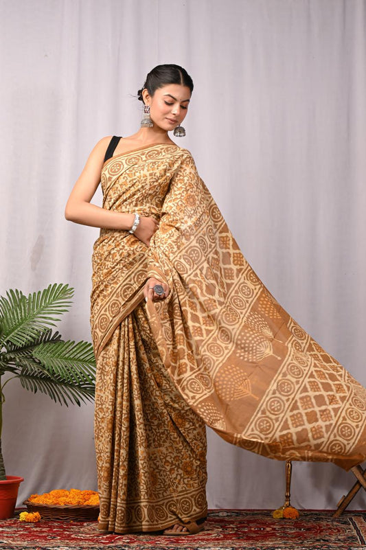 Hand Block Printing Saree In Mulmul Fabric