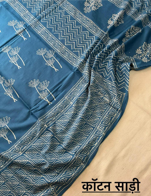 Hand Block Printing Saree In Mulmul Fabric