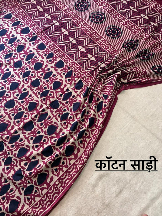 Hand Block Printing Saree In Mulmul Fabric