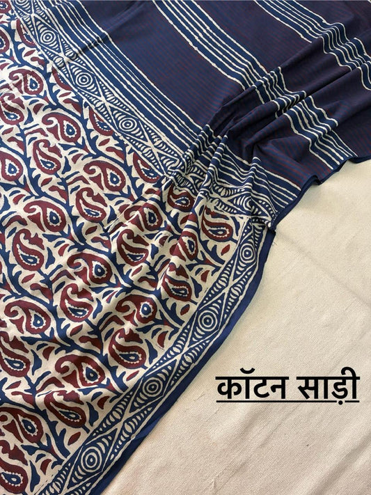 Hand Block Printing Saree In Mulmul Fabric