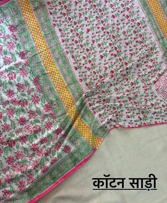 Hand Block Printing Saree In Mulmul Fabric