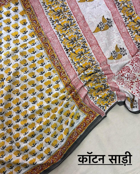 Hand Block Printing Saree In Mulmul Fabric