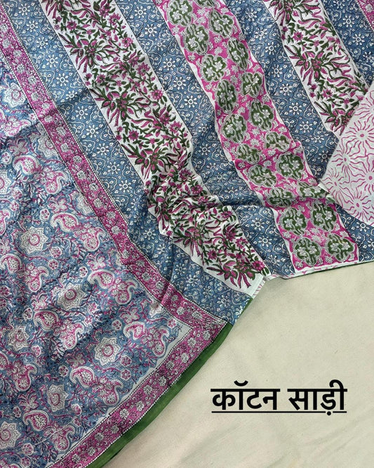 Hand Block Printing Saree In Mulmul Fabric