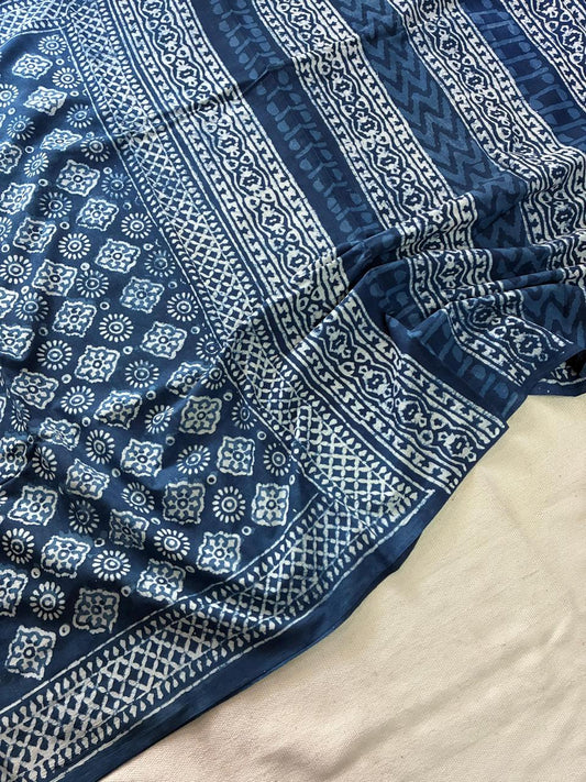 Hand Block Printing Saree In Mulmul Fabric