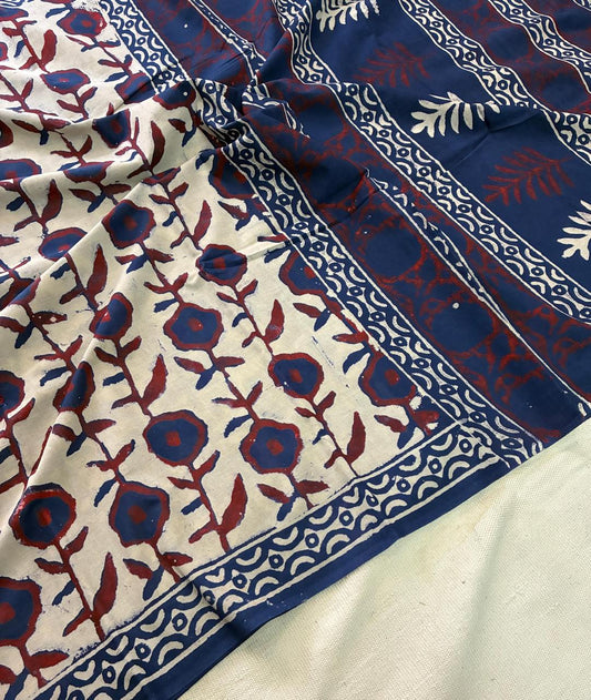 Hand Block Printing Saree In Mulmul Fabric