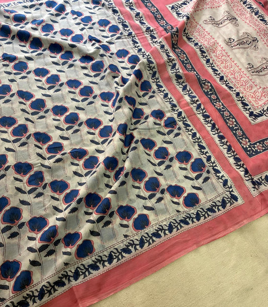 Hand Block Printing Saree In Mulmul Fabric