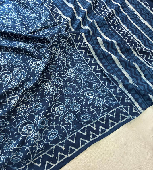 Hand Block Printing Saree In Mulmul Fabric