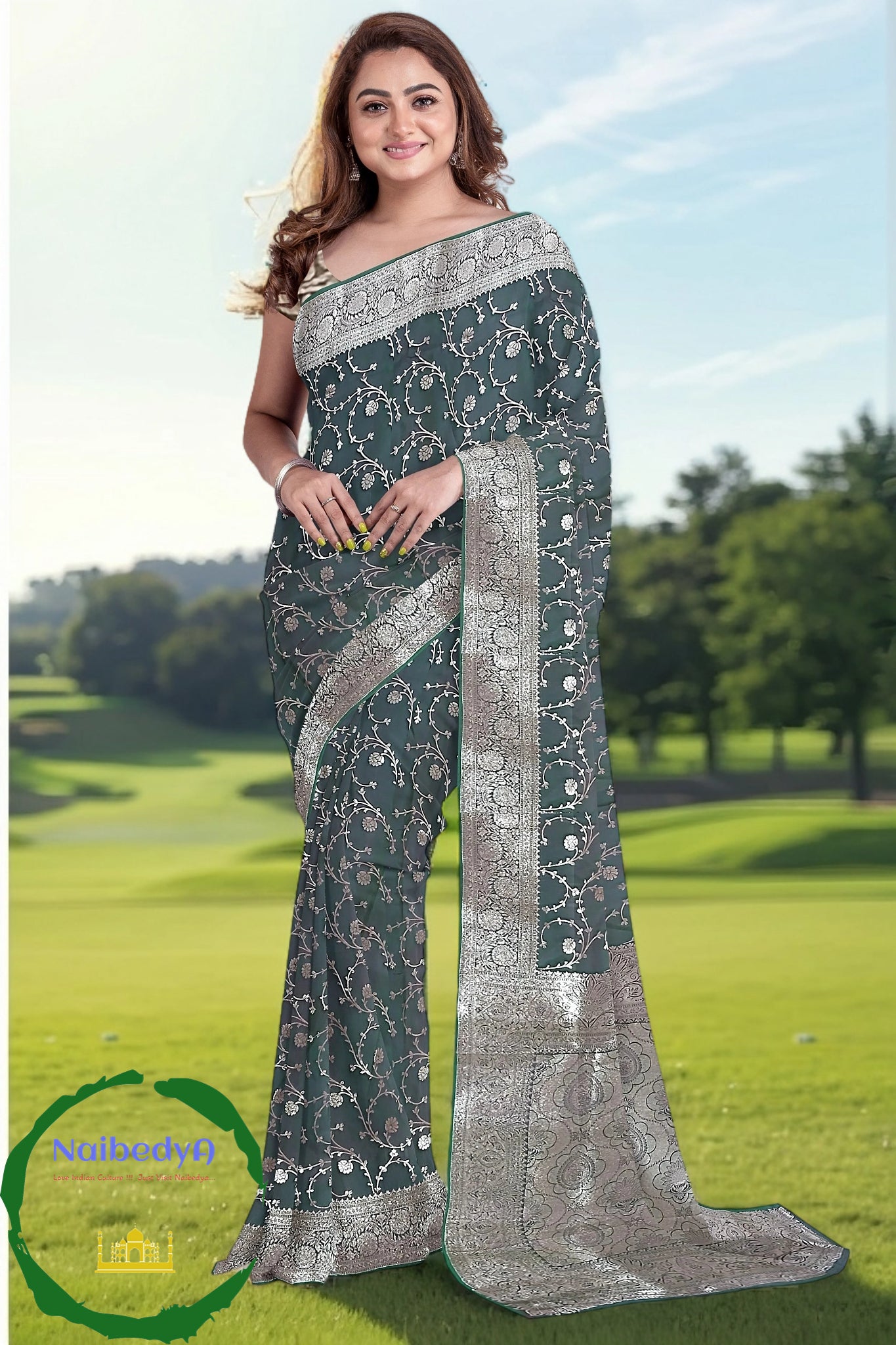 Dual Tone Khatan Silk Sari in Spiral Design With Heavy Silver Zari