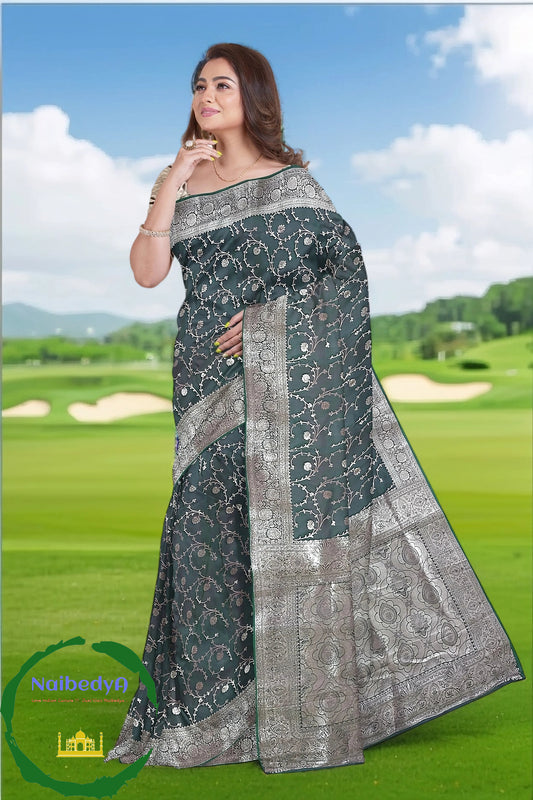 Dual Tone Khatan Silk Sari in Spiral Design With Heavy Silver Zari