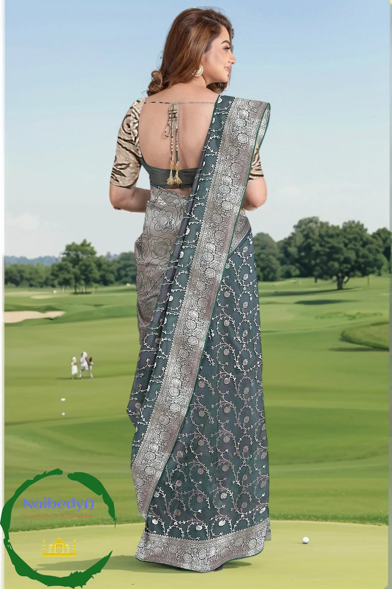 Dual Tone Khatan Silk Sari in Spiral Design With Heavy Silver Zari