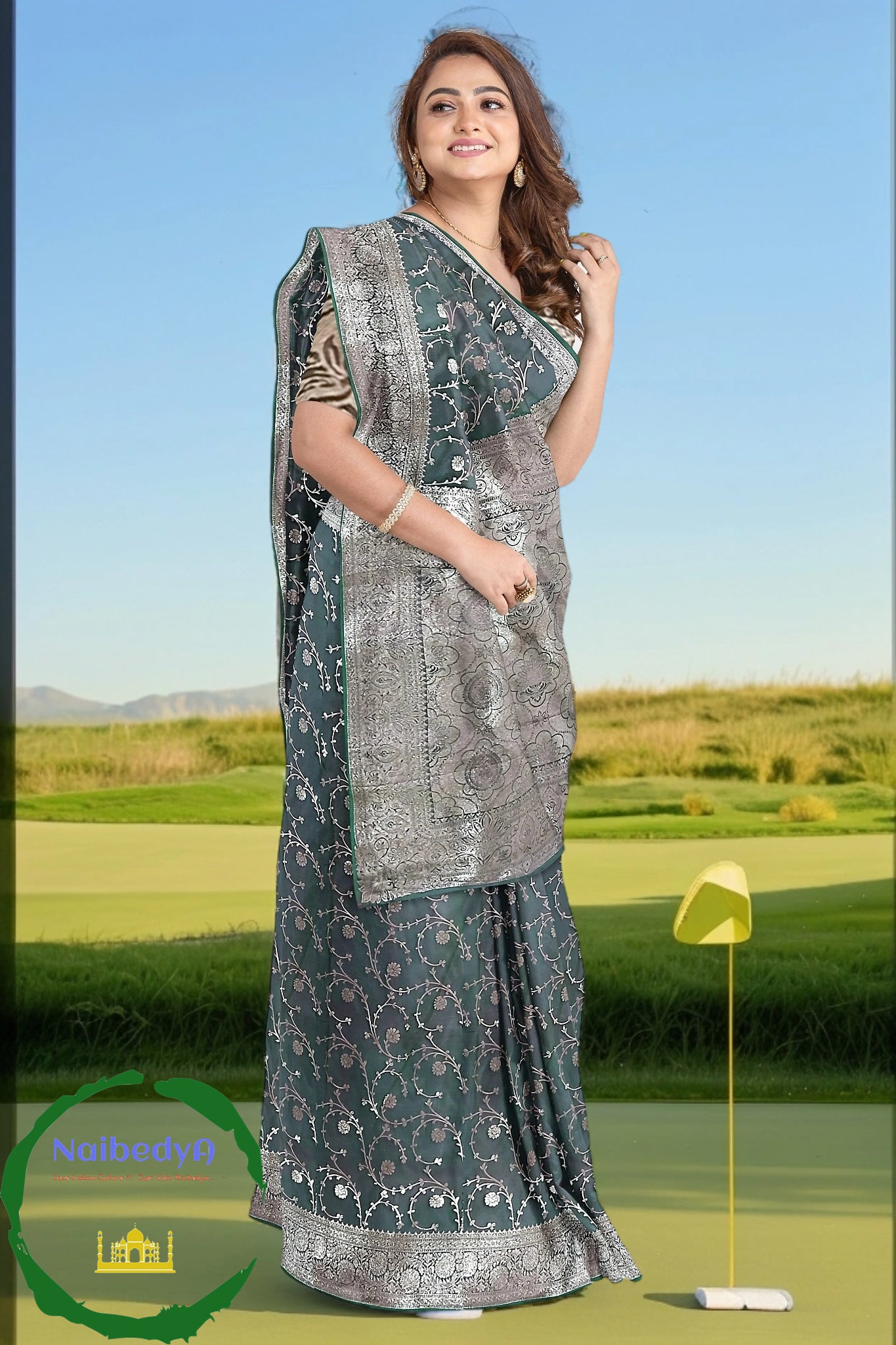 Dual Tone Khatan Silk Sari in Spiral Design With Heavy Silver Zari