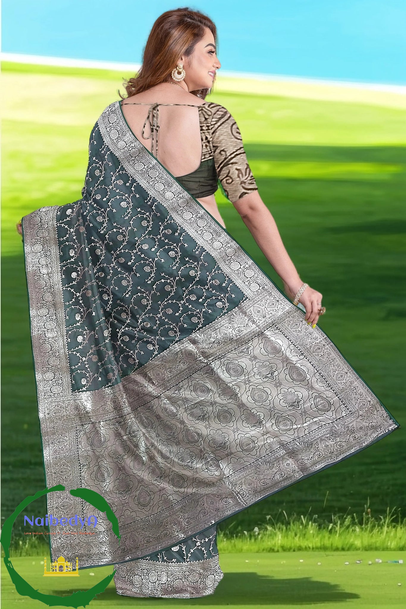 Dual Tone Khatan Silk Sari in Spiral Design With Heavy Silver Zari