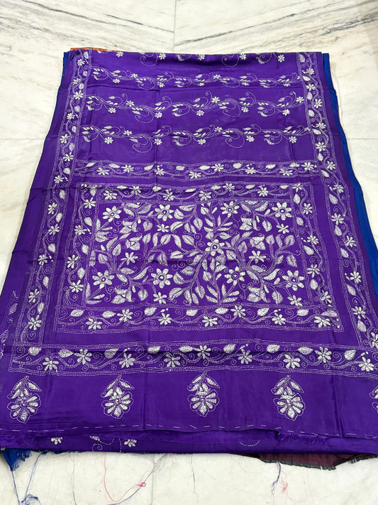 Blended Murshidabad Silk Hand Crafted Kantha Stitch Saree