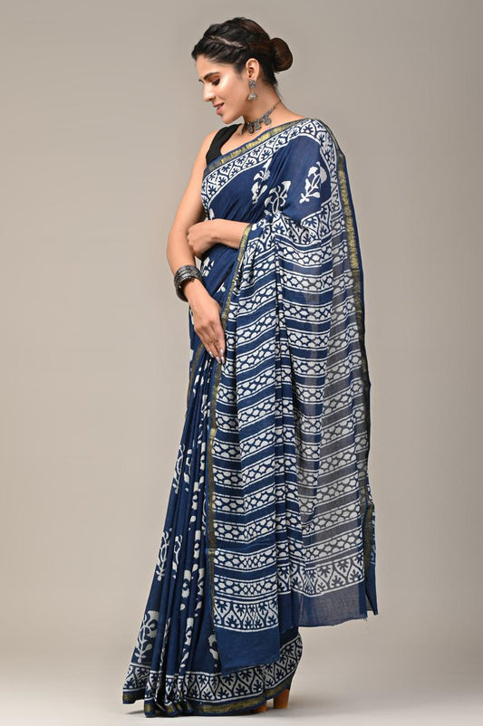 Hand Block Printing Saree on Cotton Zari