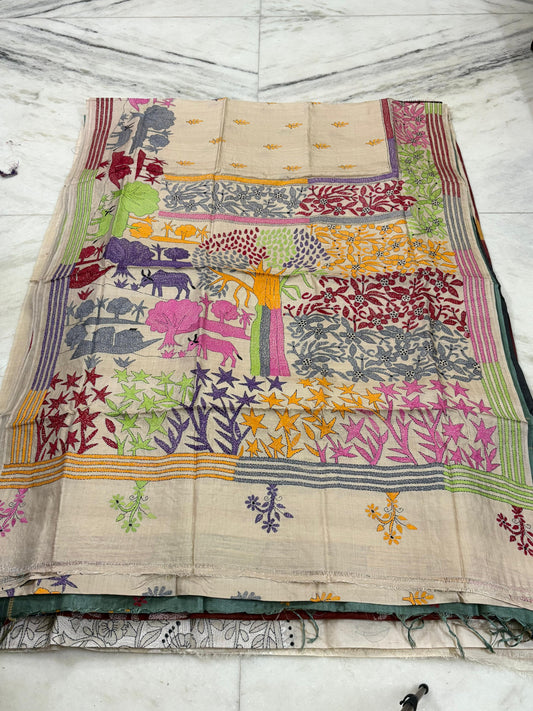 Pure Gachhi Tussar Handicrafts Kantha Stitch Saree