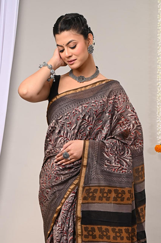 Hand Block Print Saree on Chanderi Silk