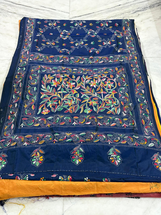 Blended Murshidabad Silk Hand Crafted Kantha Stitch Saree