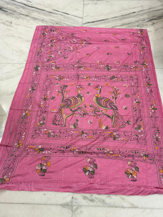 Blended Bangalore Silk Hand Crafted Kantha Stitch Saree