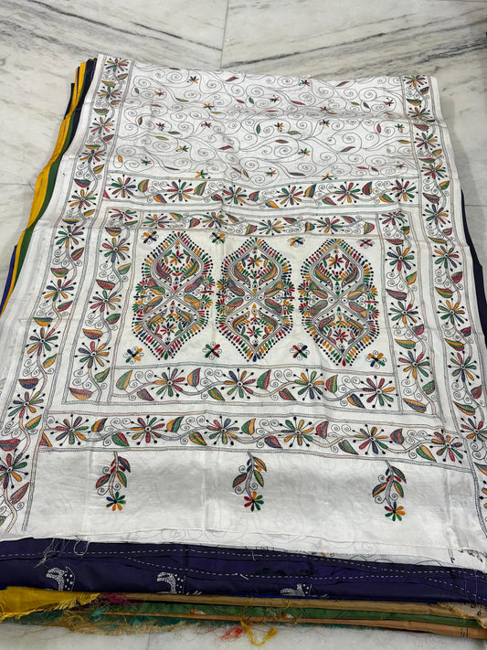 Blended Murshidabad Silk Hand Crafted Kantha Stitch Saree