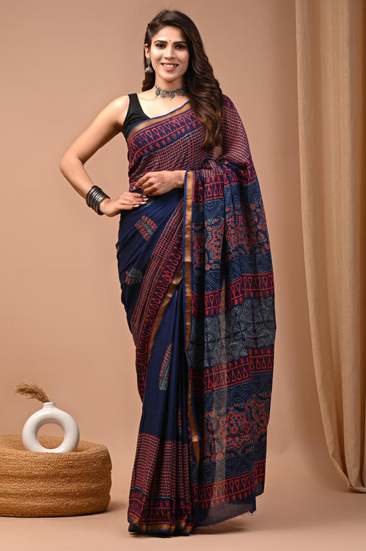 Hand Block Printing Saree on Cotton Zari