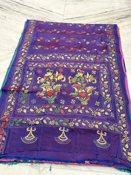 Blended Murshidabad Silk Hand Crafted Kantha Stitch Saree