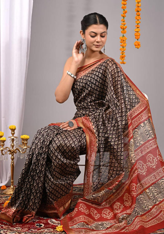 Natural Color Hand Block Print Saree