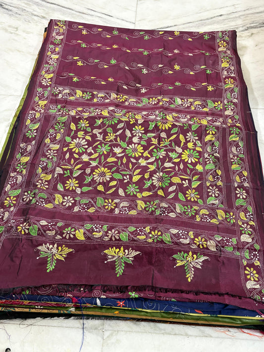Blended Bangalore Silk Hand Crafted Kantha Stitch Saree
