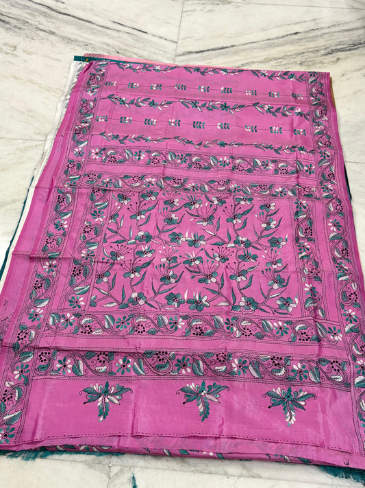 Blended Murshidabad Silk Hand Crafted Kantha Stitch Saree