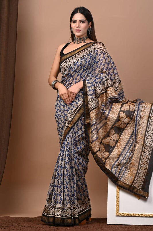 Natural Color Hand Block Print Saree