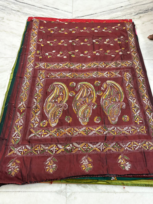 Blended Bangalore Silk Hand Crafted Kantha Stitch Saree