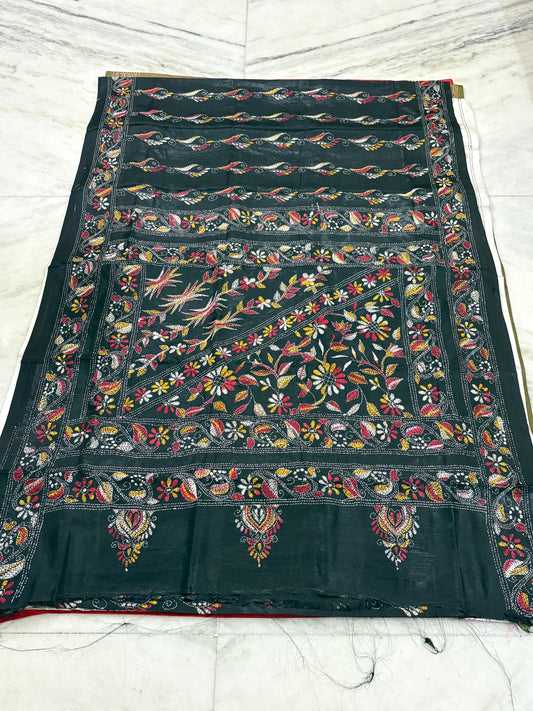 Blended Murshidabad Silk Hand Crafted Kantha Stitch Saree