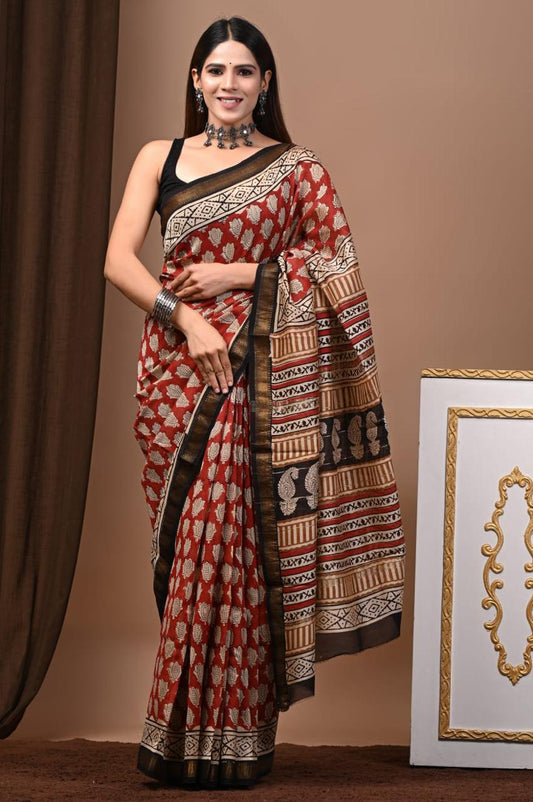 Natural Color Hand Block Print Saree