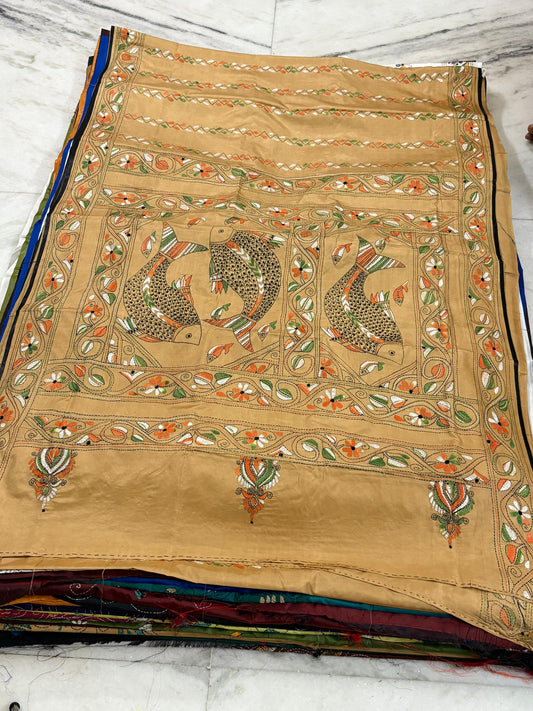 Blended Bangalore Silk Hand Crafted Kantha Stitch Saree