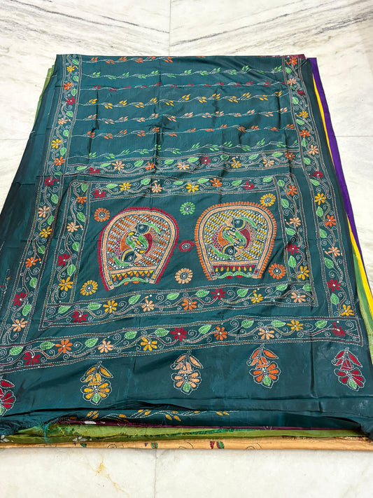 Blended Murshidabad Silk Hand Crafted Kantha Stitch Saree