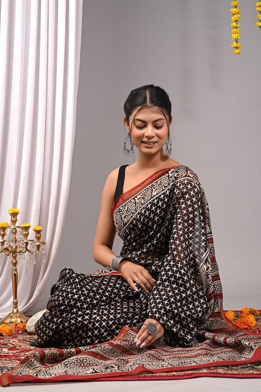 Hand Block Print Saree on Chanderi Silk