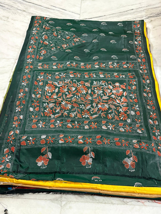 Blended Bangalore Silk Hand Crafted Kantha Stitch Saree