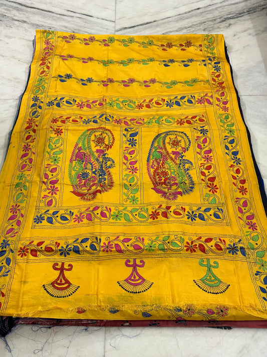 Blended Murshidabad Silk Hand Crafted Kantha Stitch Saree
