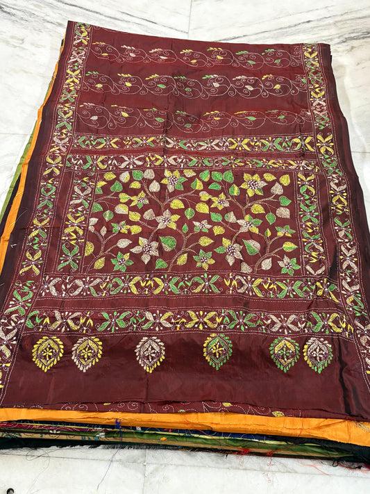 Blended Bangalore Silk Hand Crafted Kantha Stitch Saree