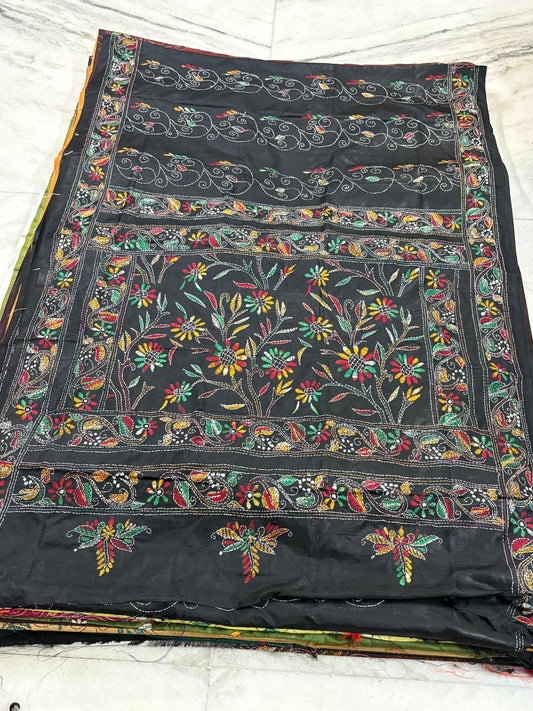 Blended Bangalore Silk Hand Crafted Kantha Stitch Saree