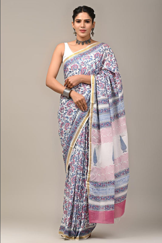 Hand Block Printing Saree on Cotton Zari