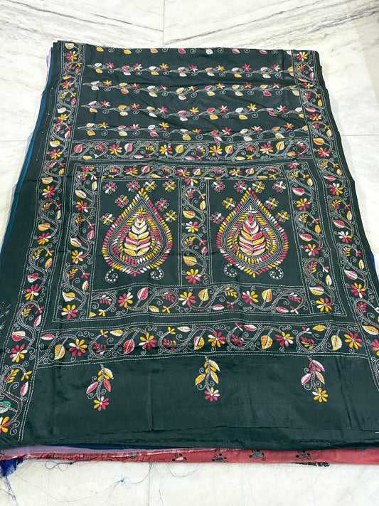 Blended Murshidabad Silk Hand Crafted Kantha Stitch Saree