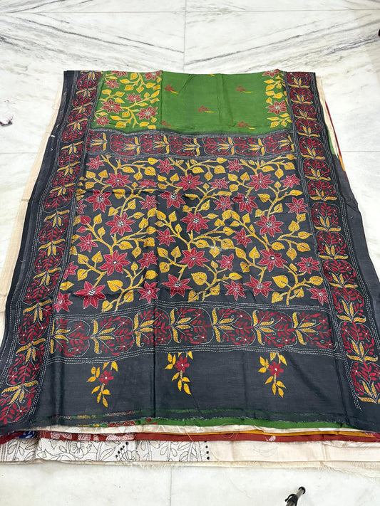 Pure Gachhi Tussar Handicrafts Kantha Stitch Saree