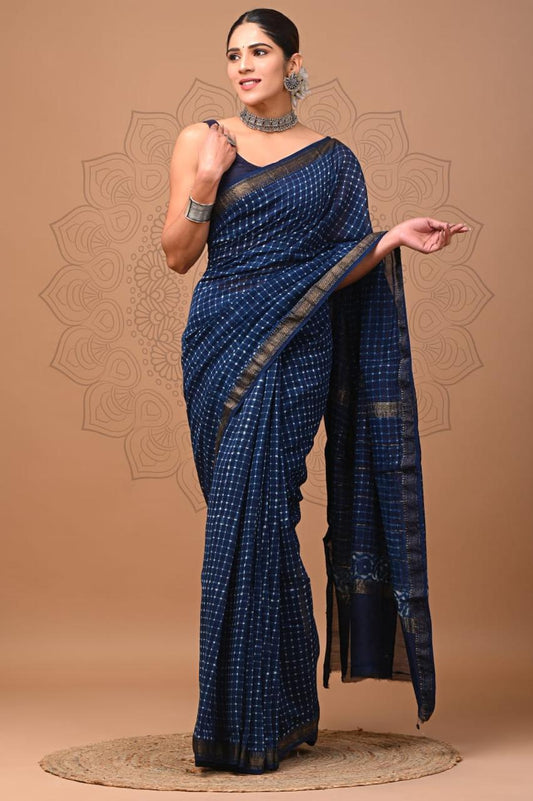 Natural Color Hand Block Print Saree