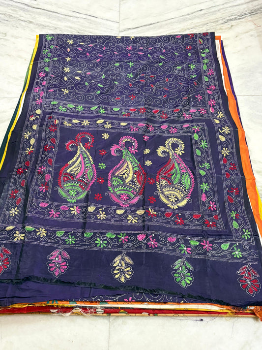 Blended Murshidabad Silk Hand Crafted Kantha Stitch Saree