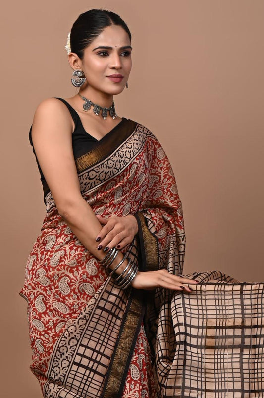Natural Color Hand Block Print Saree