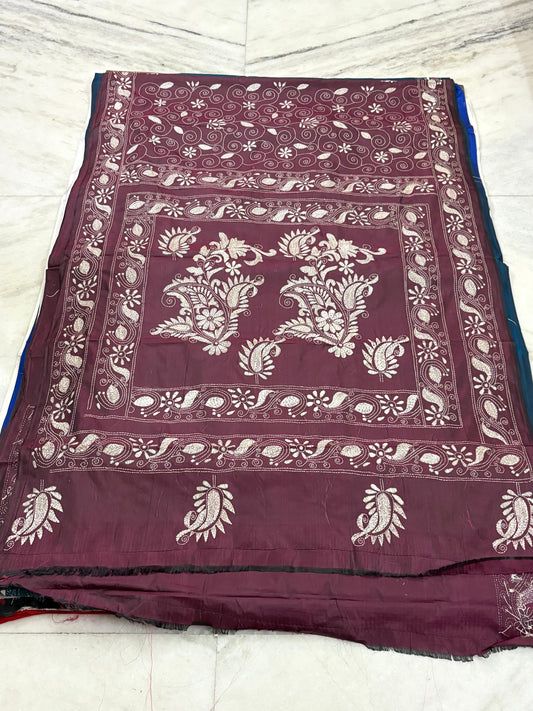 Blended Murshidabad Silk Hand Crafted Kantha Stitch Saree