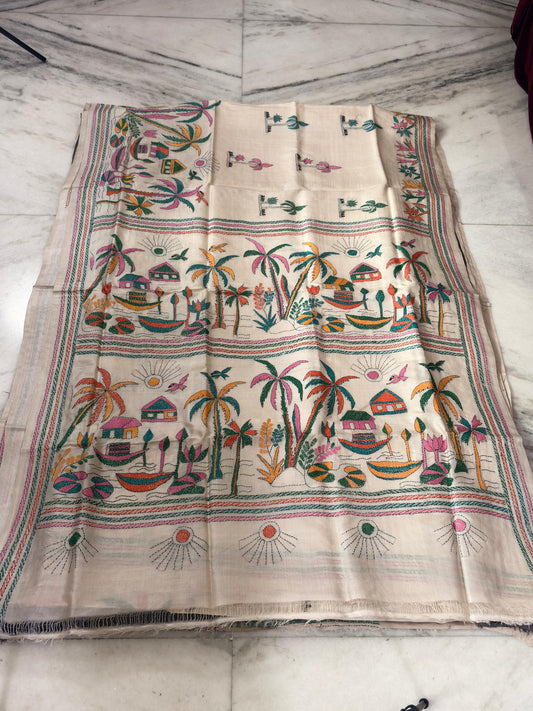 Pure Gachhi Tussar Handicrafts Kantha Stitch Saree