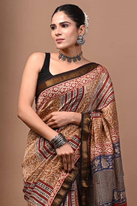 Natural Color Hand Block Print Saree